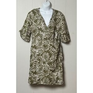 Garnet Hill Olive Green and Cream Leaf-Print Midi Dress